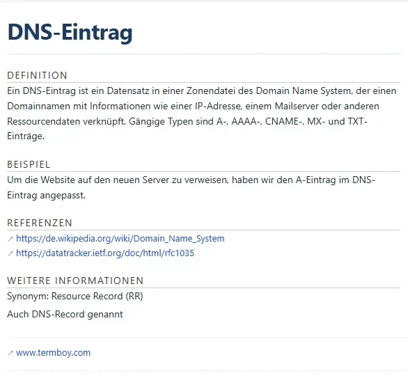 Begriffsseite DNS-Eintrag auf Deutsch mit Definition, Beispiel und Referenzen