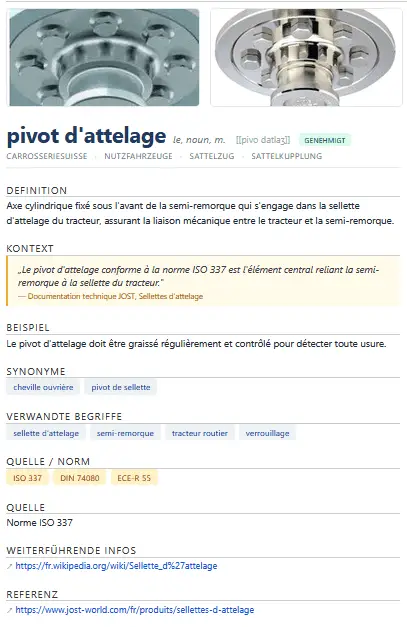 Page de terme pivot d’attelage en français avec définition, normes et photos