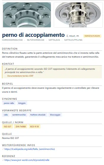 Pagina del termine perno di accoppiamento in italiano con definizione, norme e foto