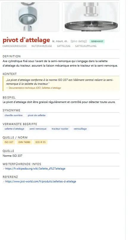 Begriffsseite pivot d'attelage auf Französisch mit Definition und Normen